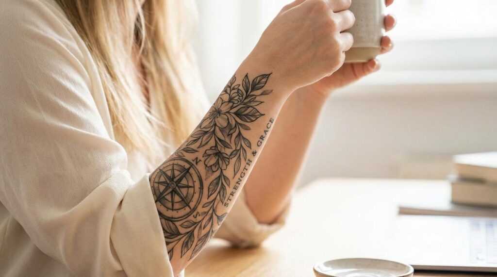 meaningful female classy half sleeve tattoo